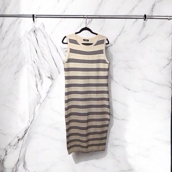 BTFBM Neutral Stripe Side Slit Midi Dress Knit Contemporary Coastal Boho Large - Picture 1 of 7